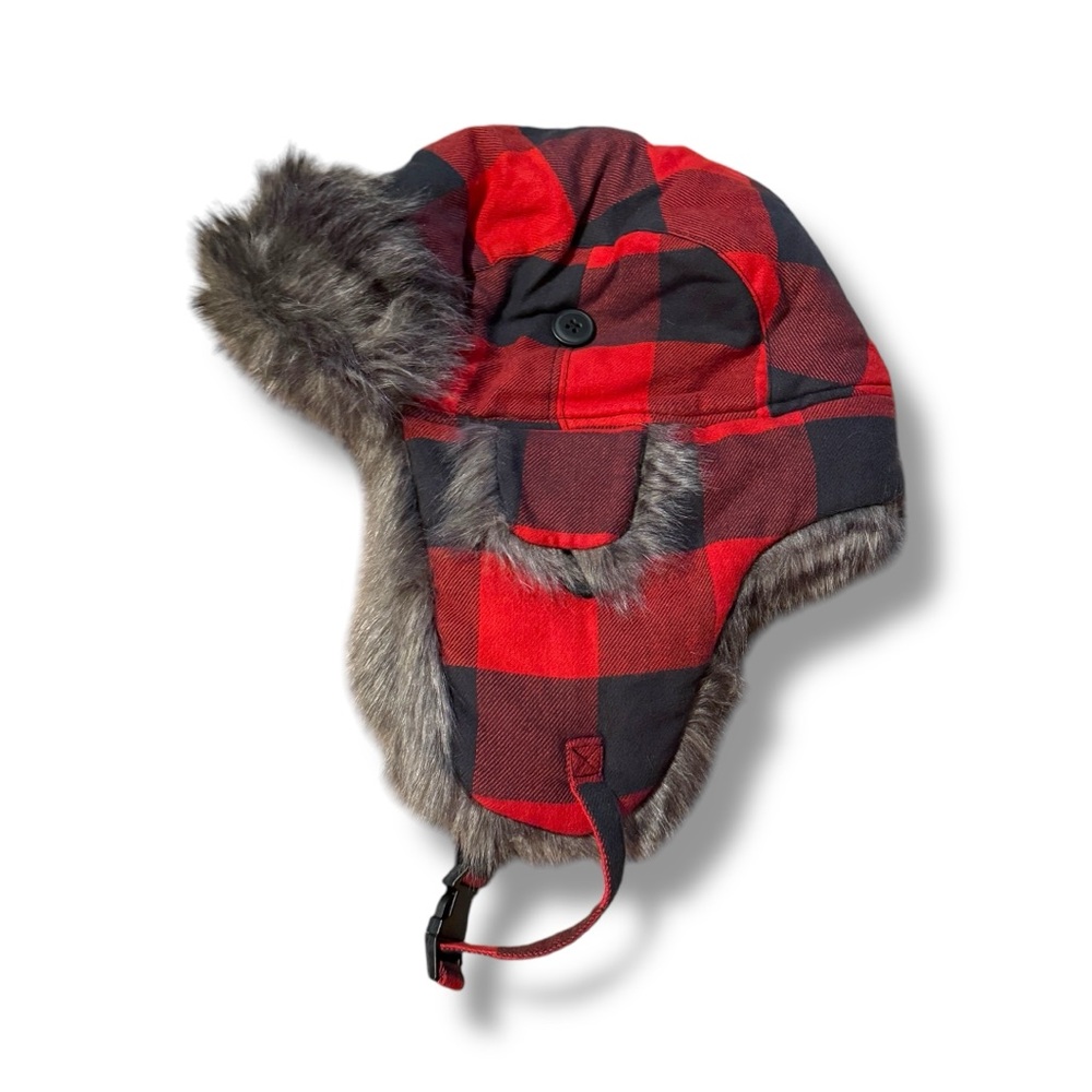 American Eagleโ Buffalo Plaid Trapper Hat w/Faux Fur Ear Flaps Fleece Lining